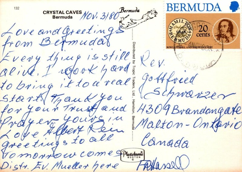 VINTAGE CONTINENTAL SIZE POSTCARD CRYSTAL CAVES BERMUDA MAILED 1980