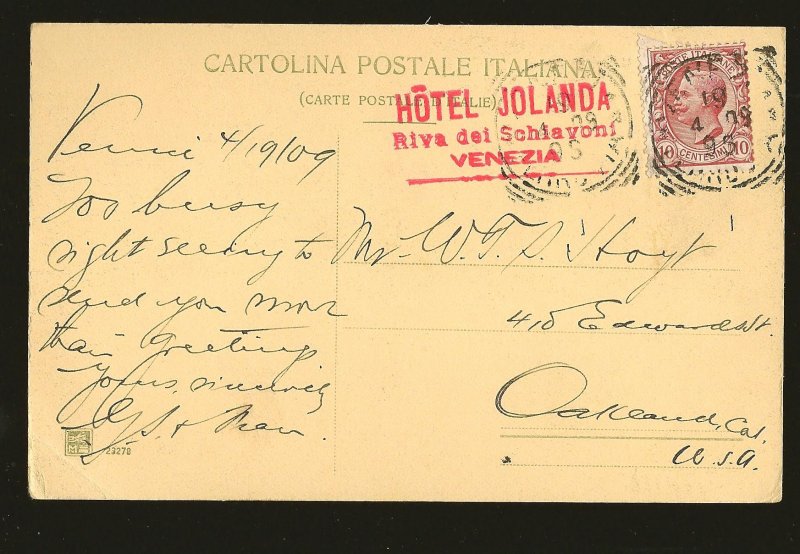 Postmarked 1909 Hotel Jolanda Venezia Italy Canal Grande & Ponte di Rialto Postc