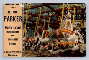 CARNIVAL MERRY GO ROUND C.W. PARKER LEAVENWORTH KANSAS AD POSTCARD (c. 1910)