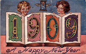 1909 Happy New Year Postcard Hourglass with Wings Children Holding Books