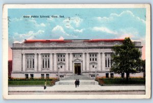 1923 Gary Indiana IN Vintage Postcard Public Library Building Road Entrance View