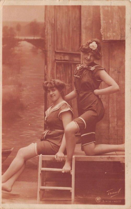 Bathing Beauties by Wooden Beach CabanaLadder1907 Real Photo PostcardRPPC