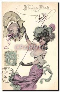 Old Postcard Cochon Pig Woman