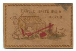 Postcard Excuse Haste And A Poor Pen Vintage Leather Card 