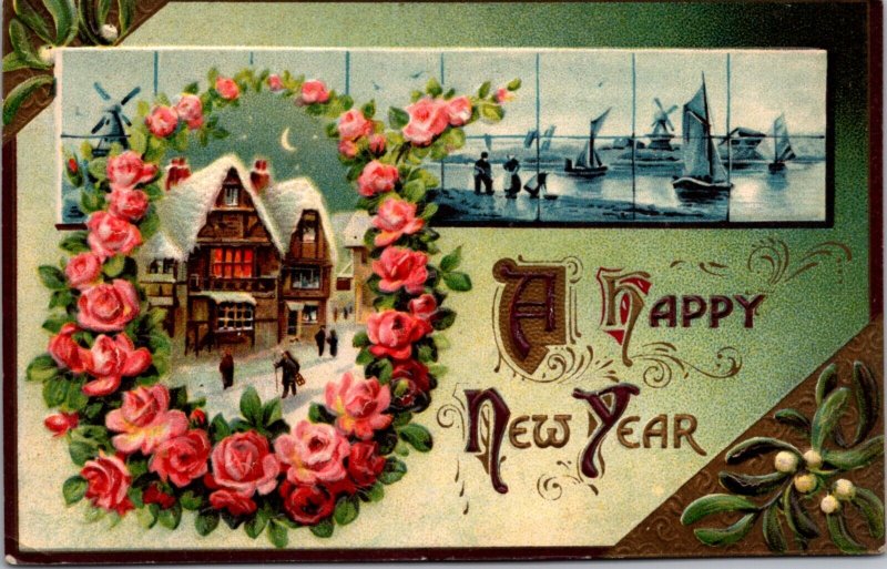 New Year Postcard Sail Boats Snow Covered Town Wreath of Pink Roses