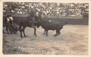 RPPC RODEO BULL FIGHT IN HONOR OF AMERICAN LEGION  REAL PHOTO POSTCARD (1928)