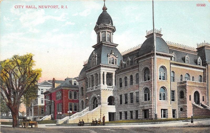 Newport Rhode Island~City Hall~Men Standing/Sitting on Sidewalk~Wagon~c1910 Pc