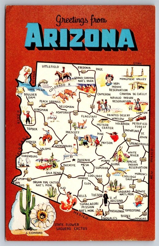 Greetings From Arizona State Map Postcard J12