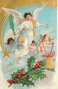 Embossed Postcard Religious Christmas Angel & Cherubs And Shooting Star