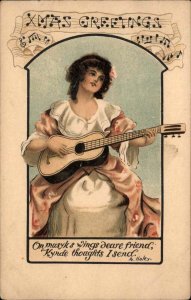 Int'l Art Beautiful Woman with Guitar Christmas Sheet Music c1910 Postcard