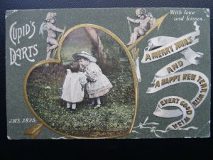 Christmas LOVE & CUPIDS DART With Love & Kisses - Old Postcard by J. Welsh