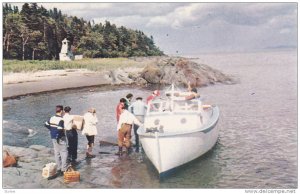 Passengers boarding motor boat lakeside, Trois-Pistoles, Quebec, Canada, 40-60s