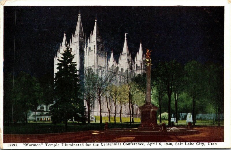 Mormon Temple Illuminated Conference Salt Lake City Utah UT Night Postcard WB PM 