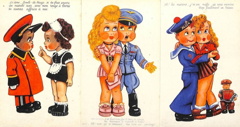 Comic drawn children couples uniforms French humor lot of 3 postcards