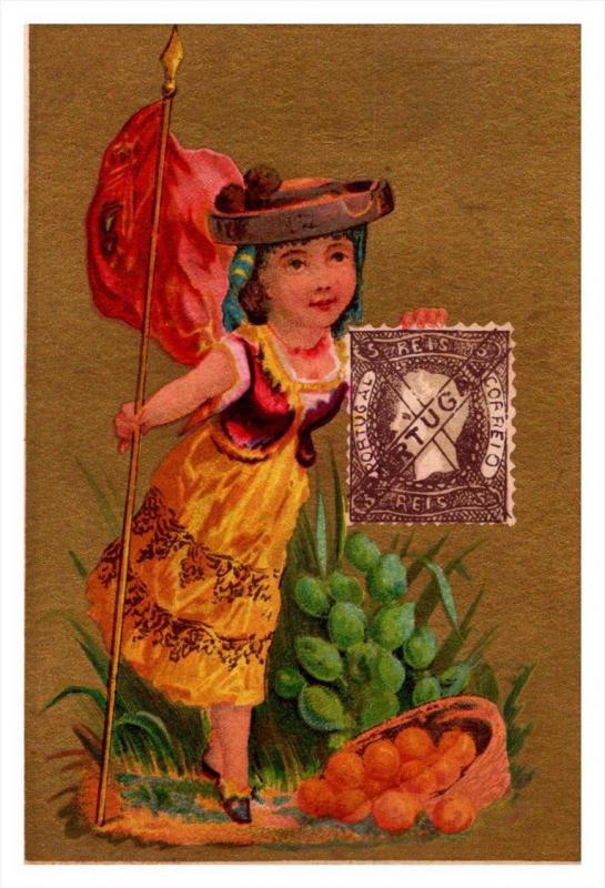 Portugal   Stamp, Flag, Girl   Victorian Philatelic Trade Card