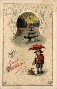 Winsch Christmas Little Boy with Umbrella c1910 Vintage Postcard