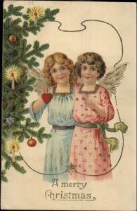 Christmas - Little Girl Angels in Pink & Blue c1910 Postcard rpx