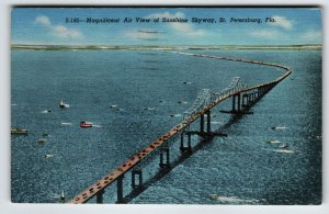 Air View Of Sunshine Skyway Bridge St. Petersburg Florida Postcard Linen 1962