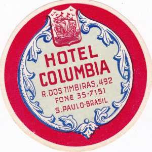 Brasil Sao Paulo Hotel Columbia Vintage Luggage Label sk2447