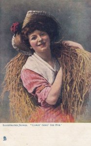 Comin Through The Rye Farming Lady Woman Antique Farm Song Oilette Postcard