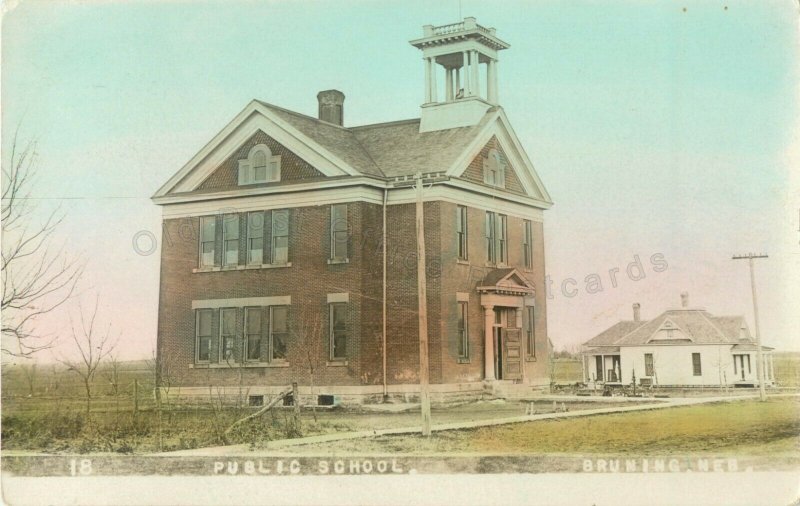 Bruning, Nebraska-Public School-Hand Tinted Olson c1910 RPPC Real Photo Postcard