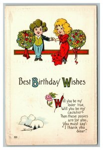 Vintage 1910's Birthday Postcard Children Holding Hands Giant Bouquet Flowers