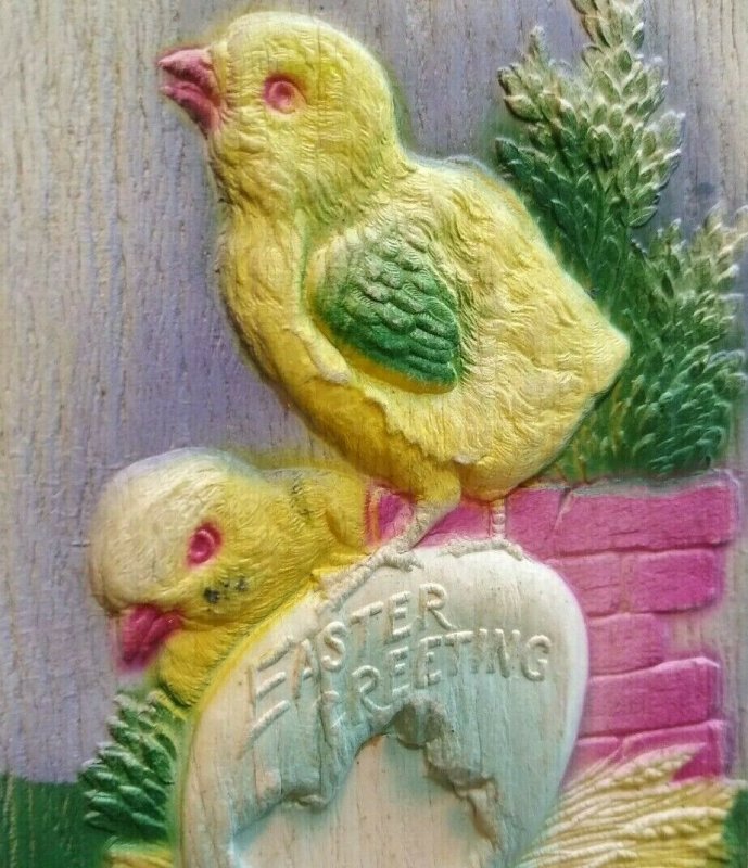 Vintage Easter Postcard Thick 3-D Raised Image Big Egg Two Chicks Pastel Unused 