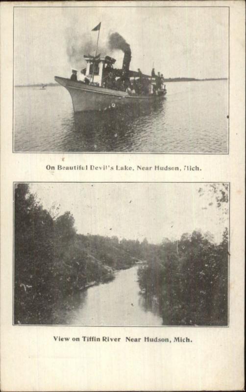 Devil's Lake Near Hudson MI & Tiffin River - Steamer Boat c1905 Postcard