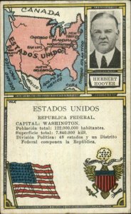 President Herbert Hoover Map Washington Stats Cuba Informational Postcard xst