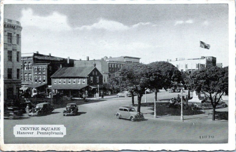 Hanover Pennsylvania Postcard 1940s Town Square Cars Civil War Monument NC