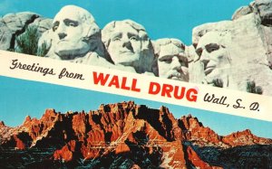 Vintage Postcard 1974 Greetings from Wall Drug Mount Rushmore Wall South Dakota