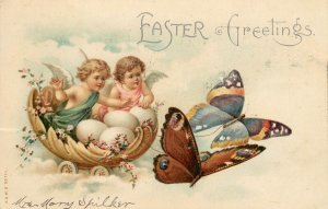 Easter Postcard Angel Children In Egg Basket Watch Giant Butterfly  A& M.B 111