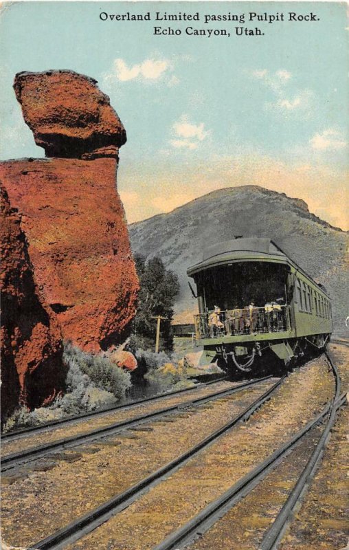 OVERLAND LIMITED TRAIN PASSING PULPIT ROCK ECHO CANYON UTAH POSTCARD (c. 1910)