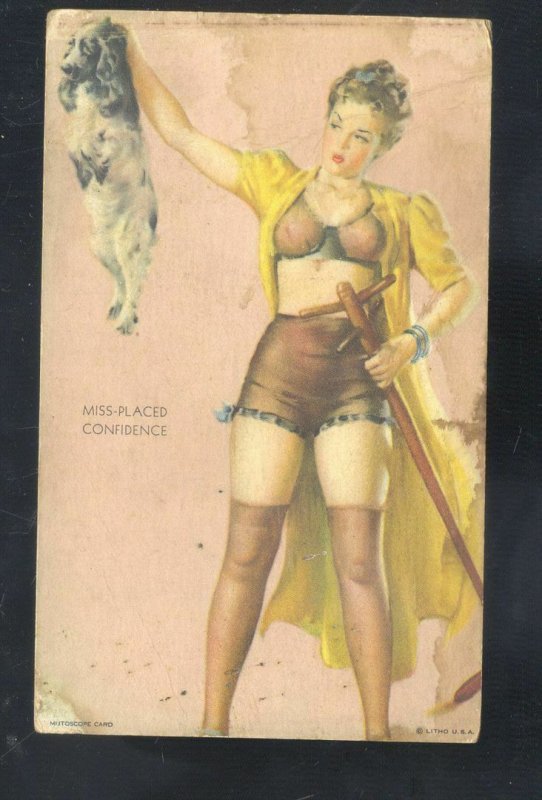 VINTAGE PINUP RISQUE MISS PLACED CONFIDENCE MODEL DOG VINTAGE POSTCARD