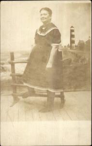 Woman in Old Bathing Suit Studio c1910 Real Photo Postcard - Lighthouse