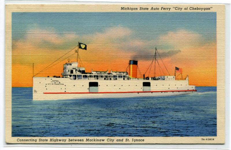 City of Cheboygan State Auto Ferry Steamer Mackinaw St Ignace Michigan postcard