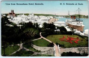 HAMILTON, BERMUDA   View from BERMUDIANA HOTEL  M.S. Bermuda at Dock  Postcard