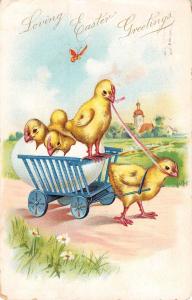 Loving Easter Greetings chick pulling cart by Tuck Pub antique pc Z16143
