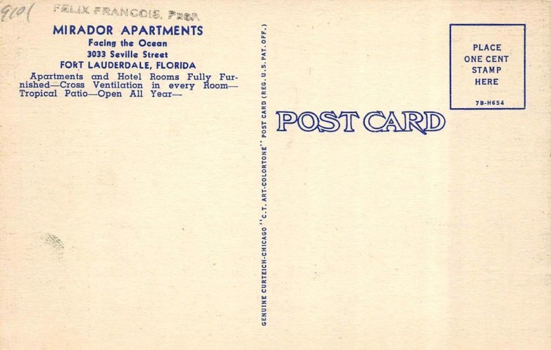 Fort Lauderdale, FL Florida  MIRADOR APARTMENTS~HOTEL Roadside ca1940's Postcard