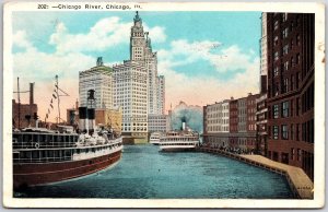 1928 Chicago River Illinois IL Boats Building Posted Postcard
