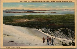 Vtg Great Salt Lake Utah UT Snow Capped Wasatch Mountains Skiers 1940s Postcard