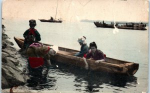1913 Woman and Children in Boat Shell Fish Gathering Japan Postcard
