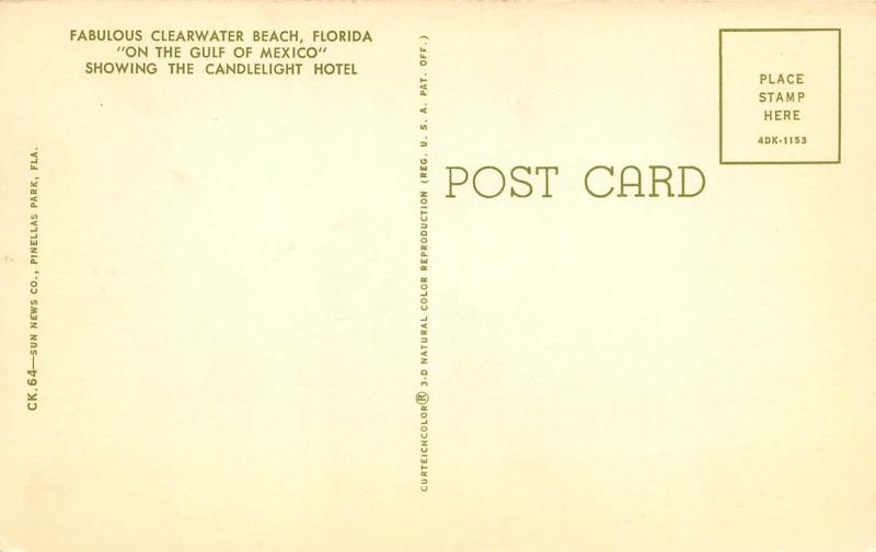 Clearwater Beach Florida 1960s Postcard Beach and Candlelight Hotel