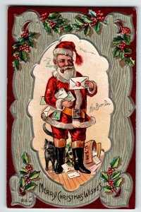 Christmas Postcard Santa Claus With Letters Pipe Black Cat Saint Nick Embossed