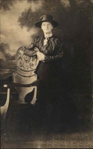 Well-Dressed Older Woman Large Hat Black Dress Spartanburg SC Studio RPPC