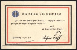 3rd Reich Germany 1923 Hamburg Nazi Party Dues - Donation Thank You Note  112614