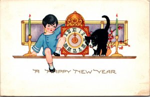 New Year Postcard Little Boy Clock Black and White Cat Candlesticks