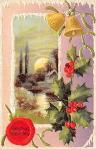 CHRISTMAS Greetings  Embossed BELL & HOLLY Framed Cottage~Lake  c1910's Postcard