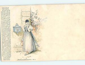 Pre-1907 foreign signed WOMAN CARRIES HANDBAG PURSE BY MAILBOX IN GERMANY HL8105