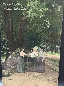 Postcard Hand Tinted View of The Inn Fountain, Winona Lake, IN.     T6